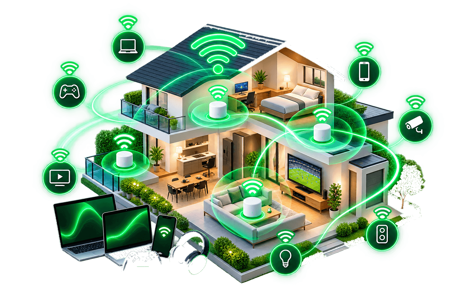 WiFi Mesh cobrindo toda a casa, com pontos mesh levando sinal forte a cada cômodo e aos dispositivos